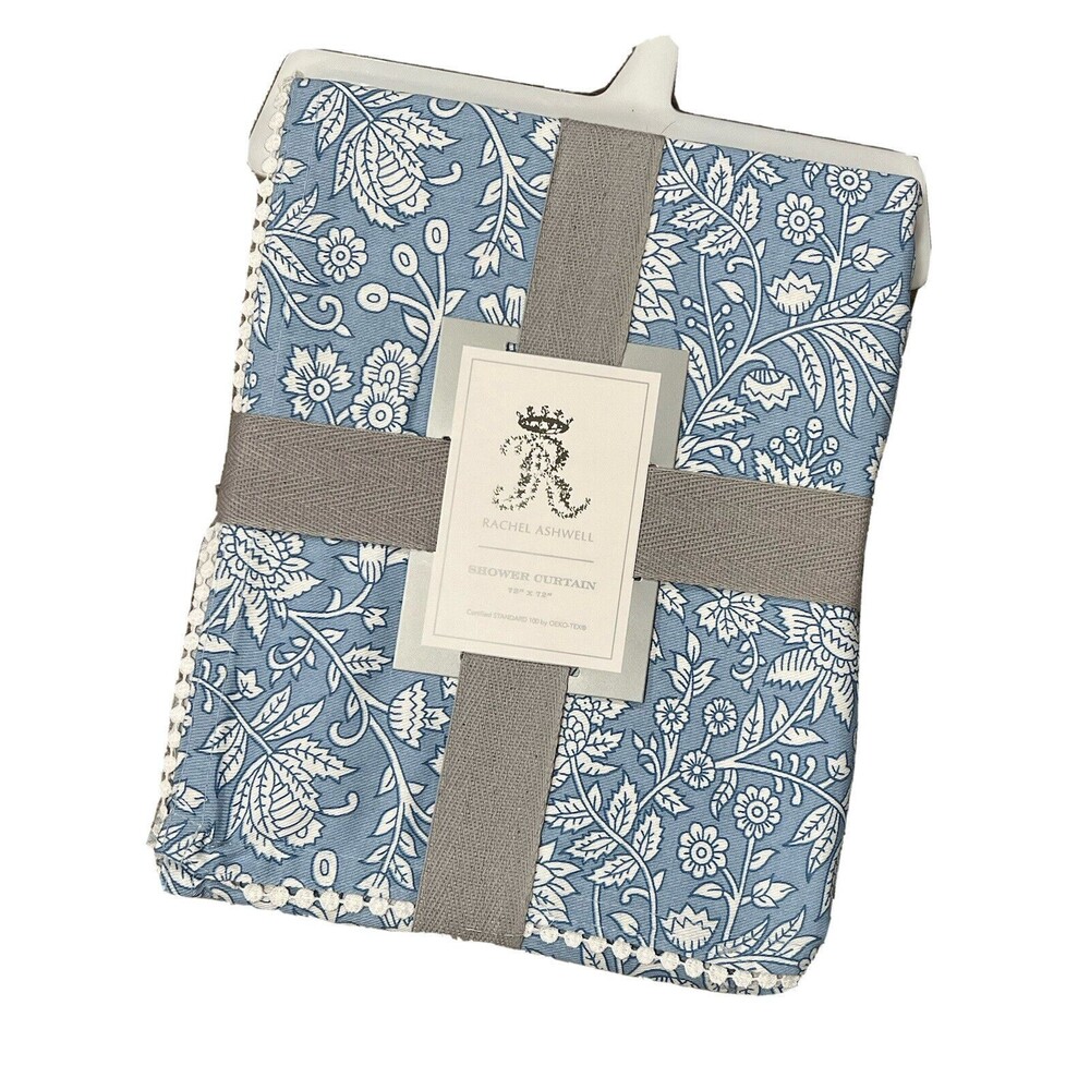 Rachel Ashwell Tillie Jacobean With Lace Fabric Shower Curtain Blue Floral New
